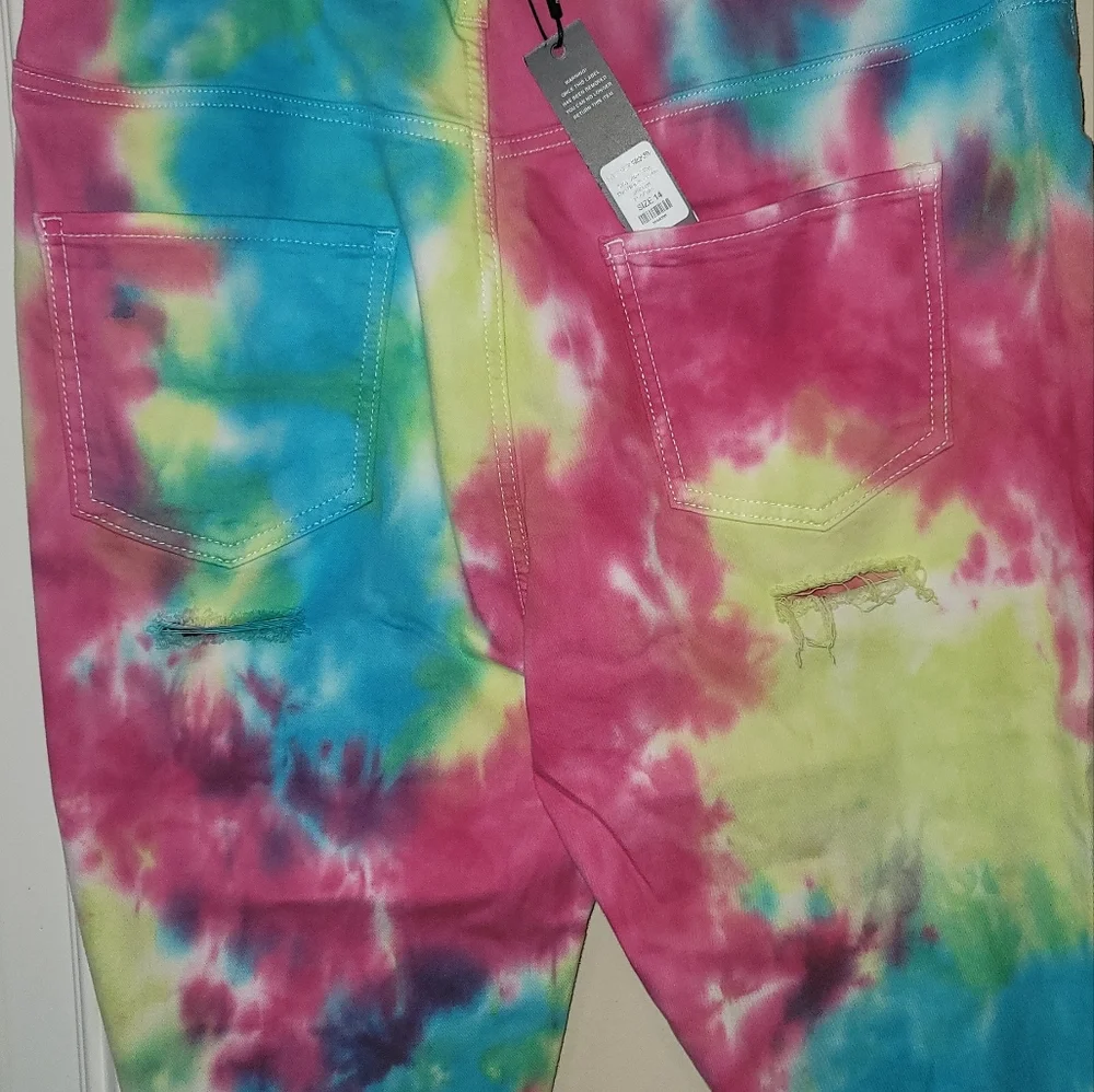 NWT Fashion Nova Pink Yellow Blue Tie Dye Denim High Rise Pants Jeans - Picture 11 of 16
